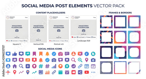 Social media post elements vector pack with frames and icons