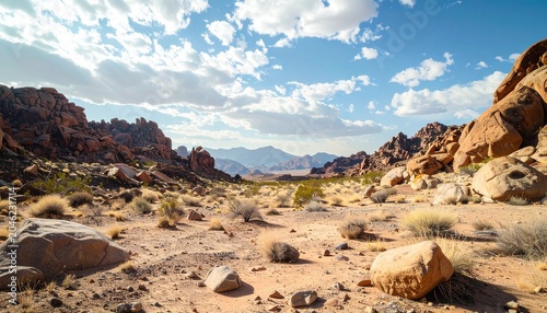 Scenic desert landscape with rocky formations and expansive sky.
