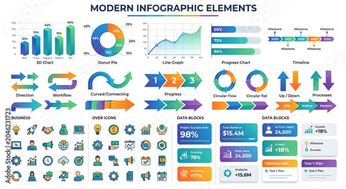 Modern infographic elements including charts, graphs, and business icons for data visualization