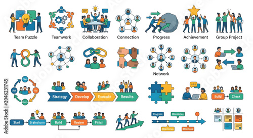A colorful infographic illustrating various teamwork and collaboration concepts