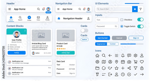 A screenshot of a user interface design for an app with various ui elements and a navigation bar