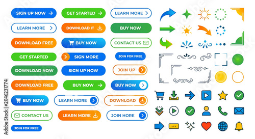 Collection of colorful web buttons and icons for interface design