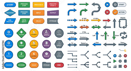 Collection of various flowchart process step and decision making symbols and icons