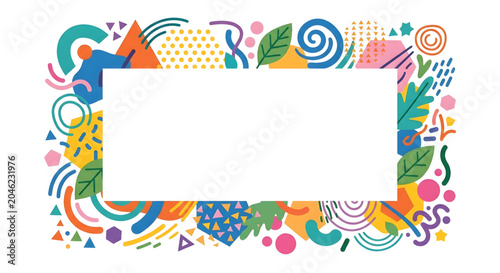 Colorful abstract memphis style frame with geometric shapes and leaves