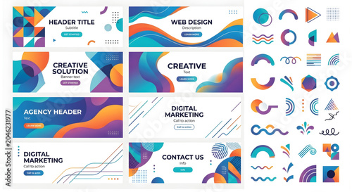 Vibrant web design and digital marketing banner templates with colorful shapes