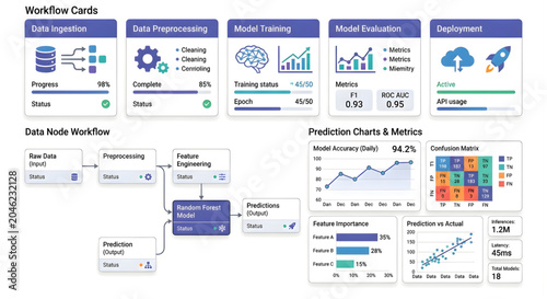 Machine learning workflow diagram with data ingestion, preprocessing, and model evaluation metrics
