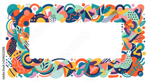Colorful abstract frame with swirling shapes and leaves