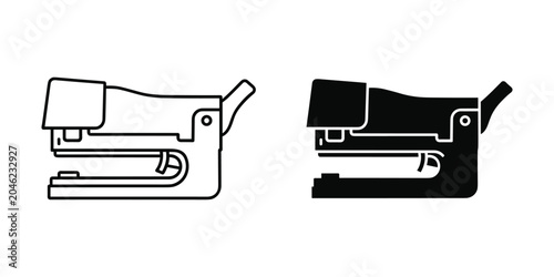 Stapler outline and solid silhouette on white background for office supplies and stationery design