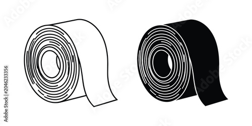 Two rolls of adhesive tape one outlined and one solid black isolated on a white background representing repair and construction concepts