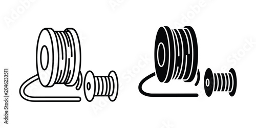 Two spools of wire one large and one small with a cord extending from the larger one depicted in outline and solid black styles