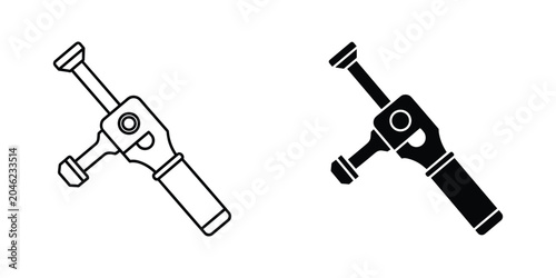 Two views of a simplified mechanical clamp mechanism in outline and solid black against a white background for industrial design concepts