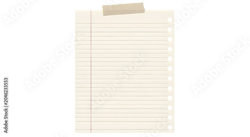 A single sheet of lined notebook paper with tape and punched holes on transparent background writing stationery office supplies school texture blank