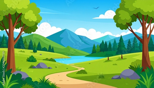 Scenic Landscape Illustration with Mountains, River, and Trees.