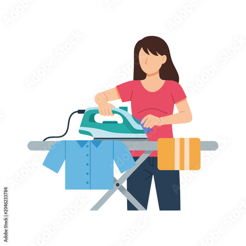 Woman ironing clothes on ironing board.