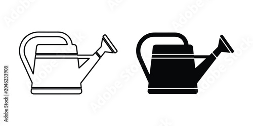 Watering can silhouette in white outline and solid black on a clean background for gardening concepts