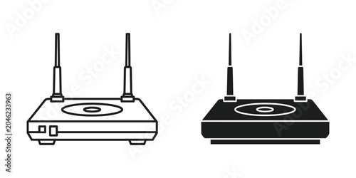 Wireless router with antennas in clean line art and solid silhouette against white background