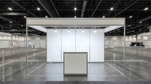 Empty white exhibition booth with blank walls and reception counter ready for branding in large modern convention center hall, trade show stand mockup with polished concrete floor and lighting