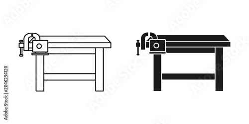 Workbench with vise in outline and solid black flat design for workshops and DIY projects