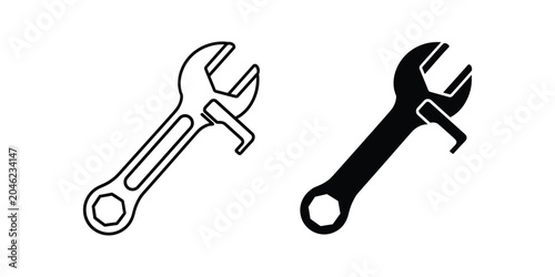 Wrench tool with bottle opener in outline and solid black on white background for industrial concepts