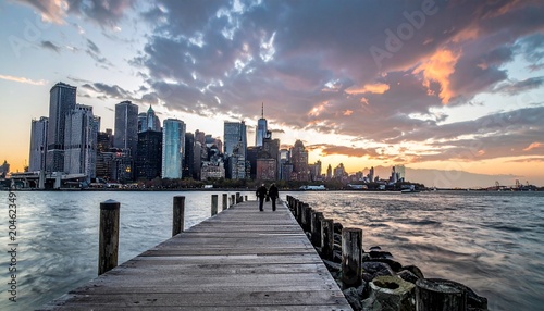 Scenic Manhattan Skyline at Sunset from a Wooden Pier.