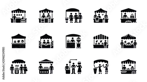 Fotografie Set of 15 Black Market Stall and Vendor Icons Vector