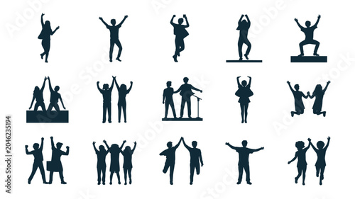 Photos Set of 15 People Celebrating Success Silhouette Vector Icons
