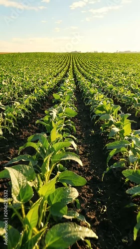 Young Soybean Field Rows Sunlight - A low-angle view of a young soybean field with neat rows of green plants stretching towards the horizon under a clear sky and warm sunlight.
