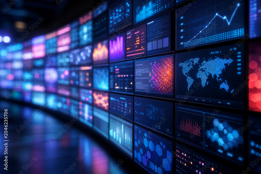 Fototapeta premium Screens show various data visualizations and graphs in a control room setup. Bright colors highlight details on digital maps and statistics. The setup appears high-tech and organized.