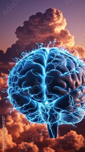 Electric Brain With Stormy Sky - A glowing blue human brain is depicted against a dramatic backdrop of storm clouds.