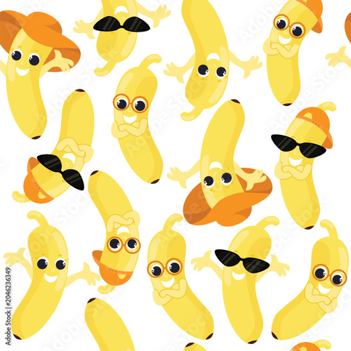 Banana in cartoon style. A fruit with a face and glasses and a baseball cap is happy and smiling. Banana for baby food, packaging, for fruit puree or juice.