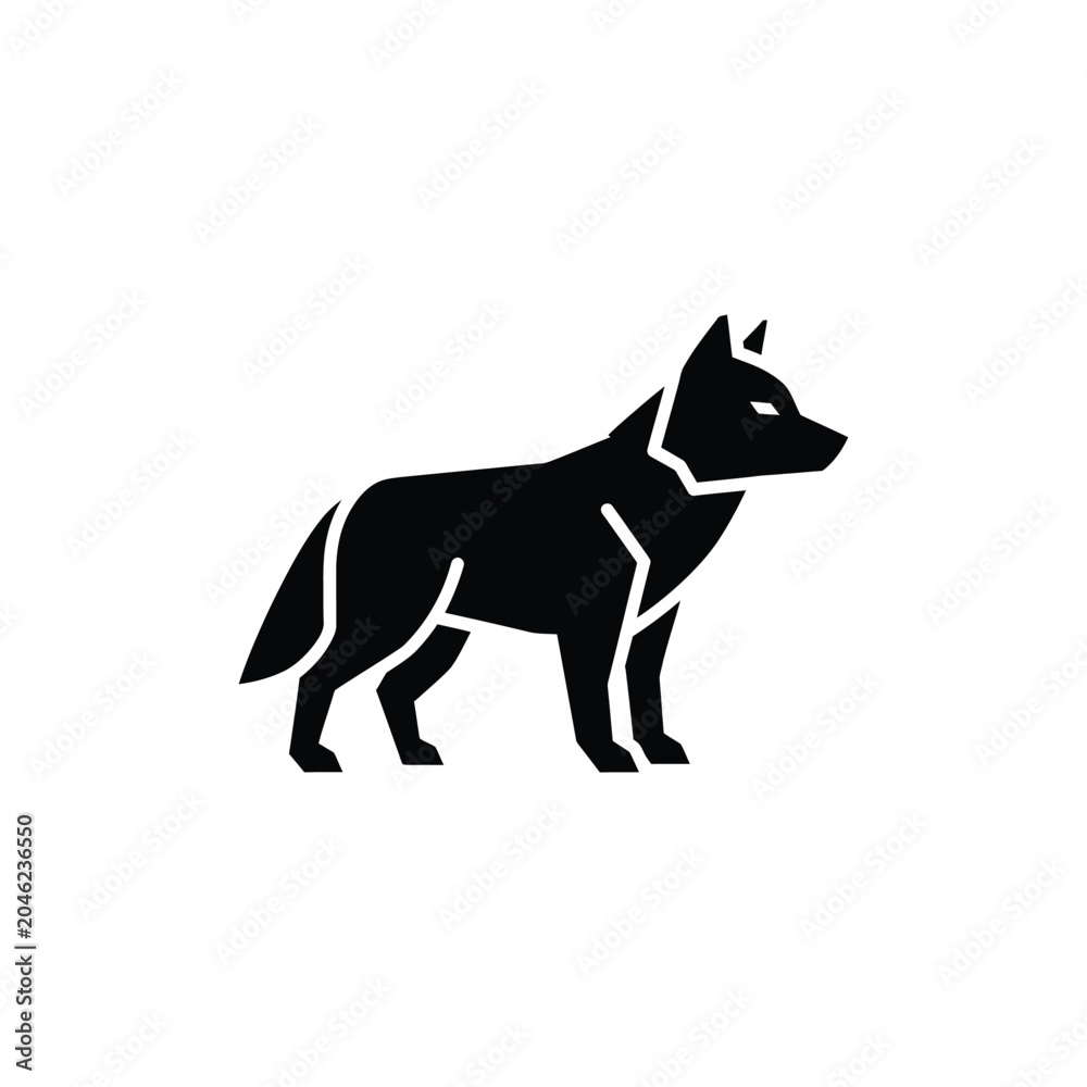 Fototapeta premium Minimalist black silhouette of a standing wolf, isolated on a white background, featuring sharp geometric lines and a stylized side profile of a wild canine predator for projects