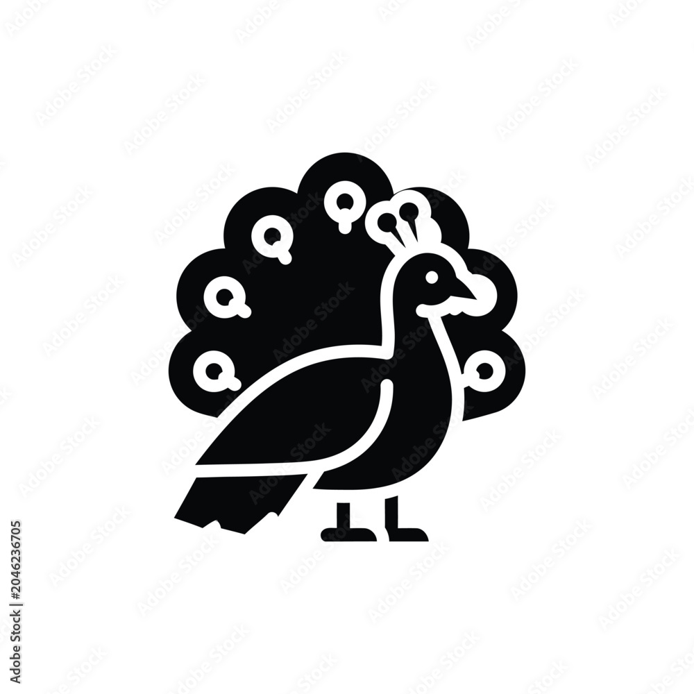 Fototapeta premium Simple black silhouette of a peacock with a fanned tail, isolated on a white background, featuring a stylized bird shape for use in nature, luxury, or decorative projects