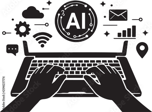Hand typing on laptop with service icons Vector