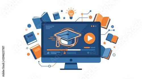 Online learning and digital education concept with graduation cap on computer screen, symbolizing knowledge and achievement