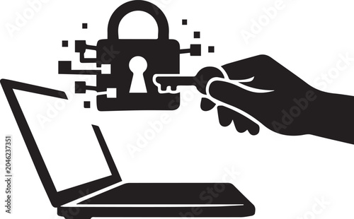 Black and white ai technology icon with laptop and human brain Vector