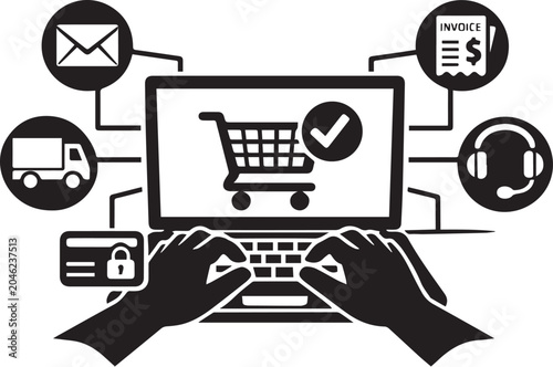 Black and white icon of hand holding megaphone next to laptop with people on screen Vector