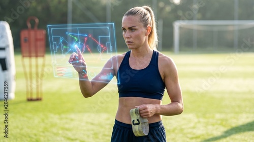Female Soccer Player Engages with Holographic Tactics for Advanced Training