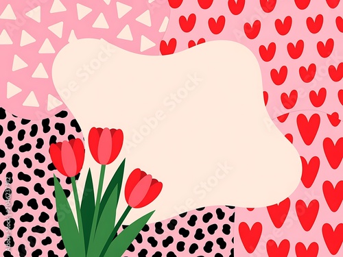 Colorful illustration of red tulips and heart pattern background with blank text space for valentines day or spring