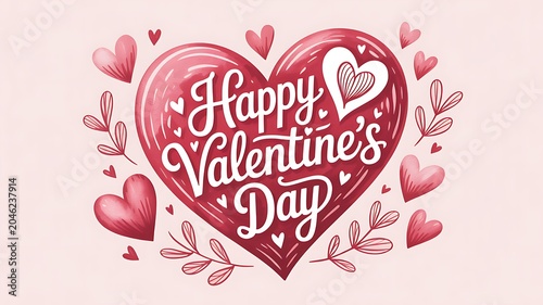 Happy valentines day heart with leaves and hearts on pink background