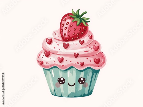 A cartoon cupcake with pink frosting and a strawberry on top isolated on white background
