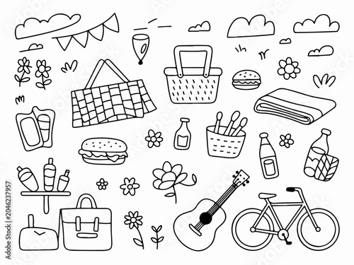 Hand-drawn picnic elements collection including baskets food guitar and bicycle perfect for summer outdoor activities and design