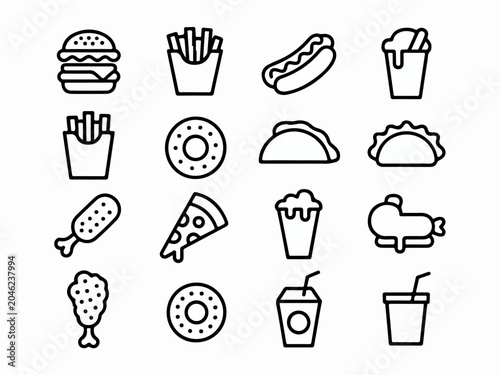 Collection of simple outline fast food icons including burgers fries pizza and drinks perfect for app design and web elements