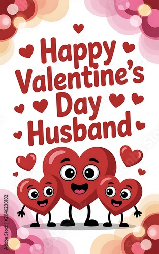 Happy valentines day husband with cute heart characters and colorful bokeh lights