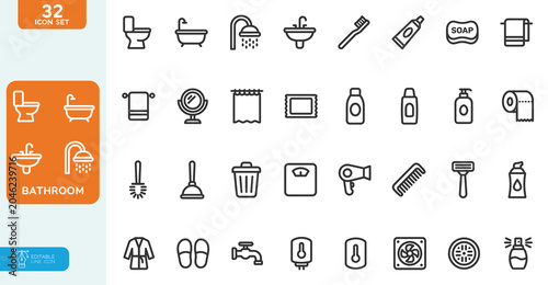 Bathroom Vector illustration editable line icon set. Containing toilet, bathroom, towel, washing machine, faucet, sink, bathub, soap, and more. on white background.