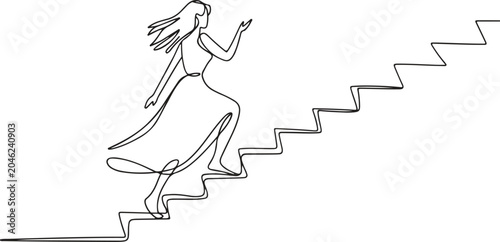 Continuous line drawing of a woman running up stairs