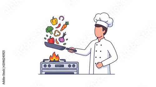 Cartoon vector art depicting a skilled chef in uniform energetically cooking a nutritious meal, expertly flipping a colorful assortment of fresh vegetables in a hot pan over a glowing kitchen stove