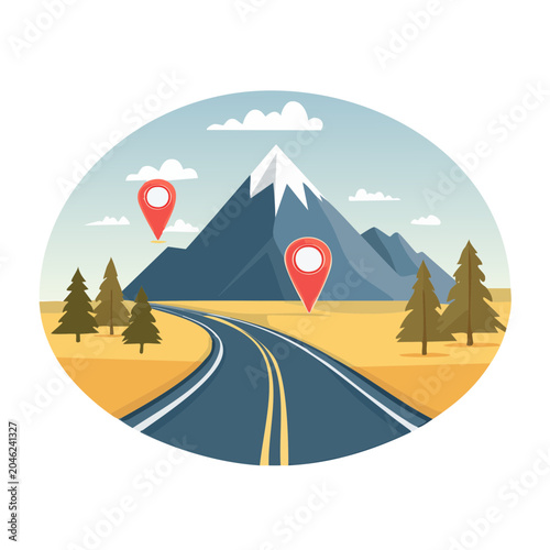 Flat design illustration of a road leading to mountains with location