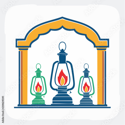 Flat design illustration of three vintage lanterns under an archway