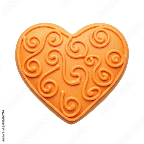 Intricate swirl design on a heart-shaped gingerbread cookie