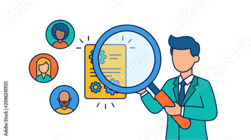 Human Resources and recruitment process illustration of a man with a magnifying glass looking at a document and diverse avatars